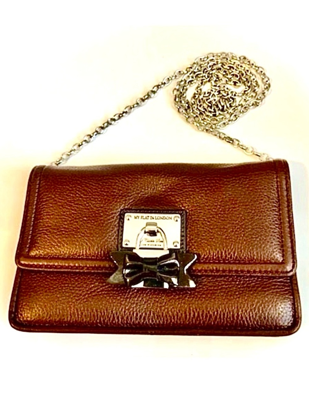 MY FLAT IN LONDON Y2K Brown Leather Crossbody Wallet Bag Chain Strap Bow Clasp